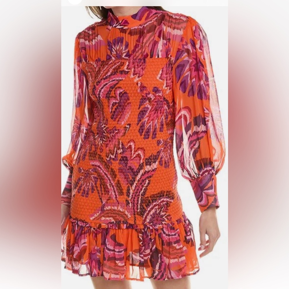 FARM Rio Mini Dress XS Blush Sunset Tapestry Tropical Smocked Ruffle